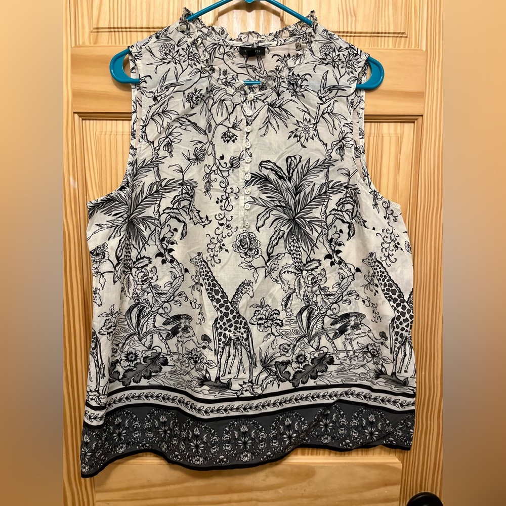 Talbots Women's Size XL, 100% Woven Cotton Sleeveless Top, Black/White Jungle